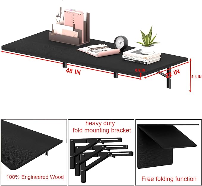 IAE 55" x 22" Floating Foldable Desk,Wall-Mounted Folding Computer Table with Engineered Wood,Study Table with Shelf Brackets,Fold Down Shelf,Fold Computer Desk for Small Spaces,Holds 500 lb,Black