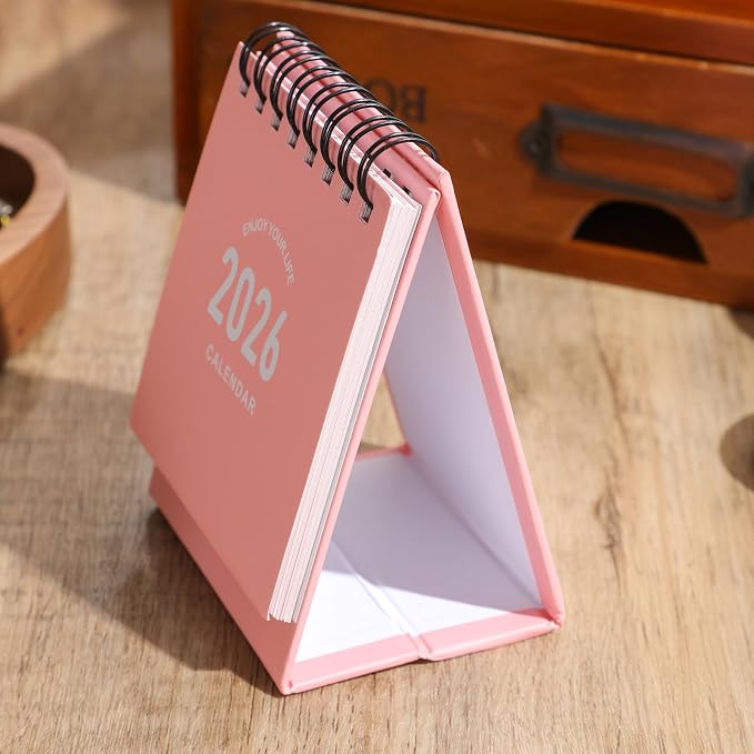 Mini Desk Calendar 2026-2027 - Jan 2026 to June 2027 Small Desktop Calendar Mini Daily Schedule Thick Paper Twin-Wire Binding with Stickers for Home Office School (Mini Pink)