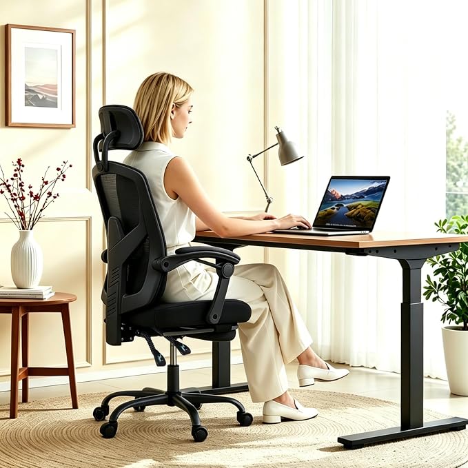 Ergonomic Office Chair with Footrest, High Back Home Desk Chair with Lumbar Support & Headrest, 90-135° Reclining Mesh Back Computer Chair with Wheels for Work, Gaming, Black
