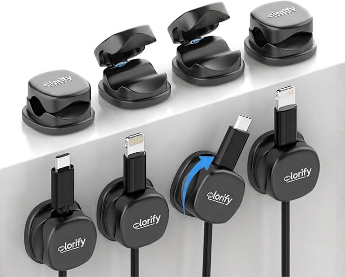 Rotatable Cable Clips 8 Pack Spring Cable Holder Clips 360° Rotatable | 1-Hand Use, Adhesive Cable Clips for Nightstand, Desk, Phone Charger Cord Holder, No-Residue, Fits 2.5–8mm Cables