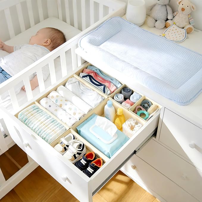 DIMJ Drawer Organizer Clothes 28 Pack - Foldable Baby Organizers and Storage & Closet Organizers for Bedroom, Closet - Nursery Organization Dresser Dividers for underwear, Sock,Bra, Belt, Tie,Beige