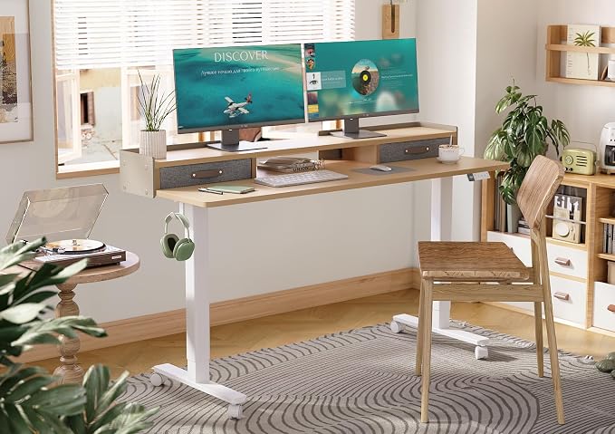 Claiks Standing Desk with Drawers & Wheels, 2 Height Shelf 63" Natural | 2 height adjust shelf, tabletop drawers, felt fence design, sturdy supports 176 lbs, 4 wheels, 2 tire monitor stand