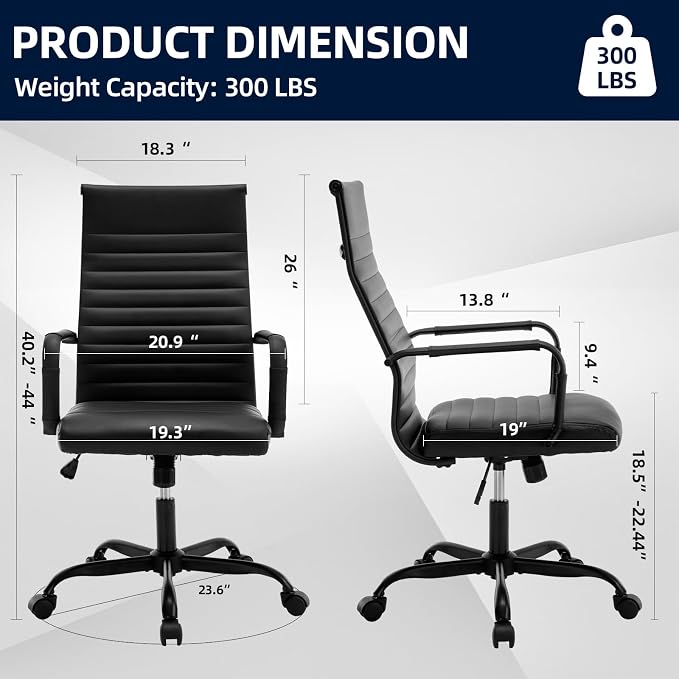 Office Chair, Ergonomic Executive Conference Room Chairs, Ribbed Leather Desk Chair with Lumbar Support, Adjustable Height Mid-Back Swivel Chair with Padded Seat