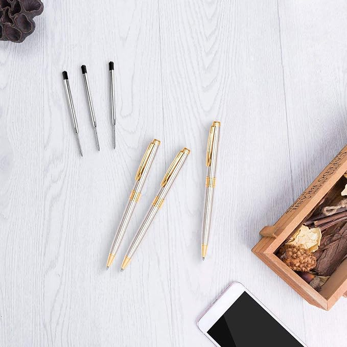Cambond Ballpoint Pens Black Ink - Weighted Metal Twist Gold Pens for Police Uniform Flight Attendant Business, 1.0 mm Medium Point Smooth Writing, 3 Pens with 3 Refills (Gold)