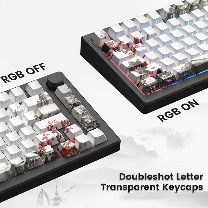 Womier PBT Keycaps Set 130 Keys, Custom White Japanese Keyboard Doubleshot Dye Sub Side Print Shine Through Keycaps 60 65 75 100 Percent, Cherry Profile, Cherry Blossom