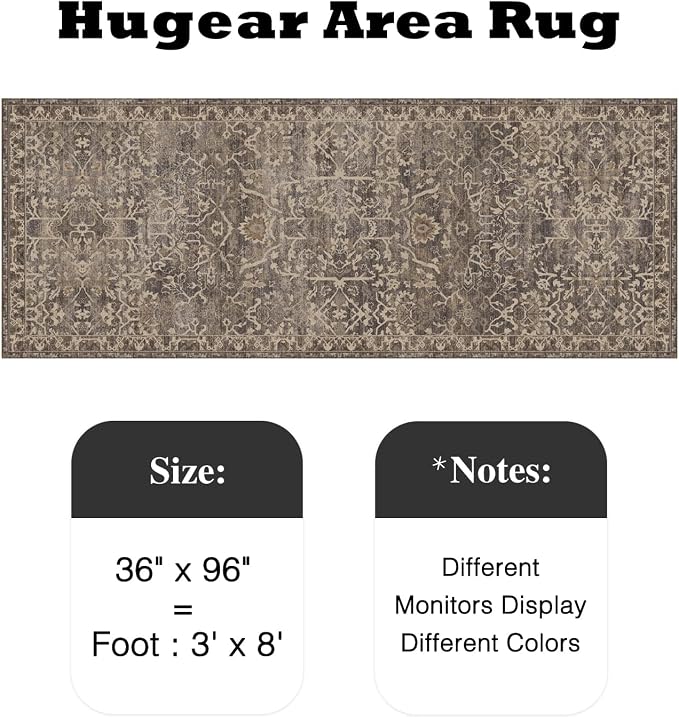 HUGEAR 3x8 Runner Rug Hallway Retro Brown Machine Washable Vintage Floral Low Pile Carpet Vacuumable Distressed Long Throw Rug Bedroom Office Bathroom Kitchen Laundry Non Slip Soft Lightweight