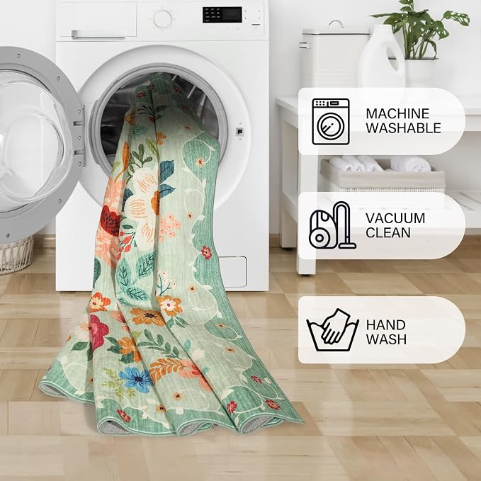 DUKINO 2x14 Runner Rug, Floral Long Washable Boho Kitchen Runner Rug with Non Slip Backing, Soft Non Shedding & Low Pile Carpet for Bedroom, Entrance, Laundry, Bathroom, Green