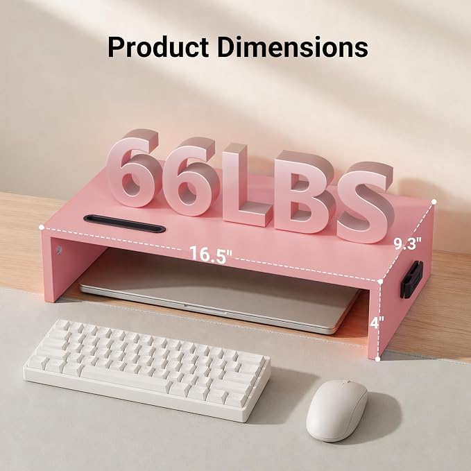 BONTEC Monitor Stand Riser with Cellphone Holder & Cable Management | 16.7 Inch Wood Monitor Riser Stand, Desktop Stand for PC/TV/Laptop/Printer, Pink