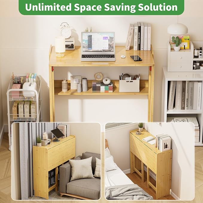 Bamboo Foldable Desk, Folding Desks for Small Spaces, Mid Century Small Computer Desk with Bookshelf for Bedroom Home Office, Natural