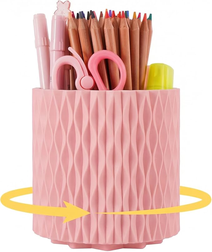 Pink Pen Holder for Desk, 360° Rotating Pencil Organizer, 5 Slots | Spinning multi-use organizer holds pens, makeup brushes, art supplies & markers — desk caddy for office, classroom or vanity