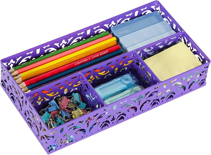 EasyPAG Desk Drawer Organizer with 4 Compartments, Carved Hollow Floral Metal Tray for Office, Jewelry, Cosmetics - No Assembly, Purple