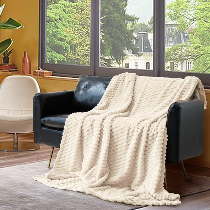 Vessia Flannel Fleece Queen Size Bed Blanket(90x90 inch), 3D Jacquard Cream Fuzzy and Warm Blanket for Adults, 300GSM Super Soft Touch Cozy Lightweight Ivory Bed Home Decor for All-Season