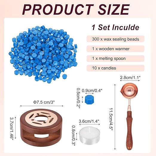 PATIKIL Wax Seal Kit, 300 Pcs Wax Sealing Beads, Wooden Warmer, Melted Spoon, 10 Pcs Tealight Candles for Envelope Letter Mailing Crafts DIY, Dark Blue