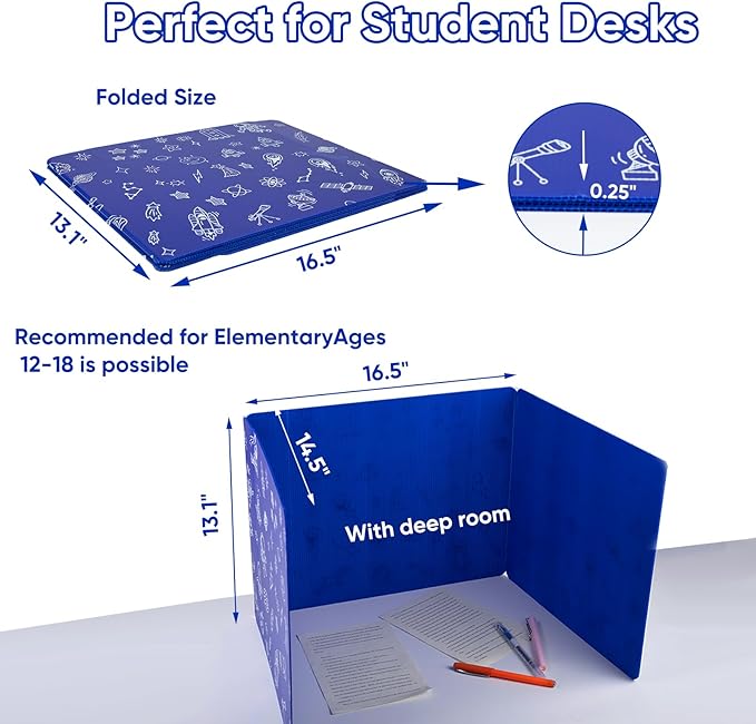 25-Pack Desk Dividers for Students, 3-Fold Privacy Screens, Durable Waterproof Plastic Study Boards, Easy Clean Classroom Shields for Schools,Teacher Supplies & Student Desk Organizers, Blue