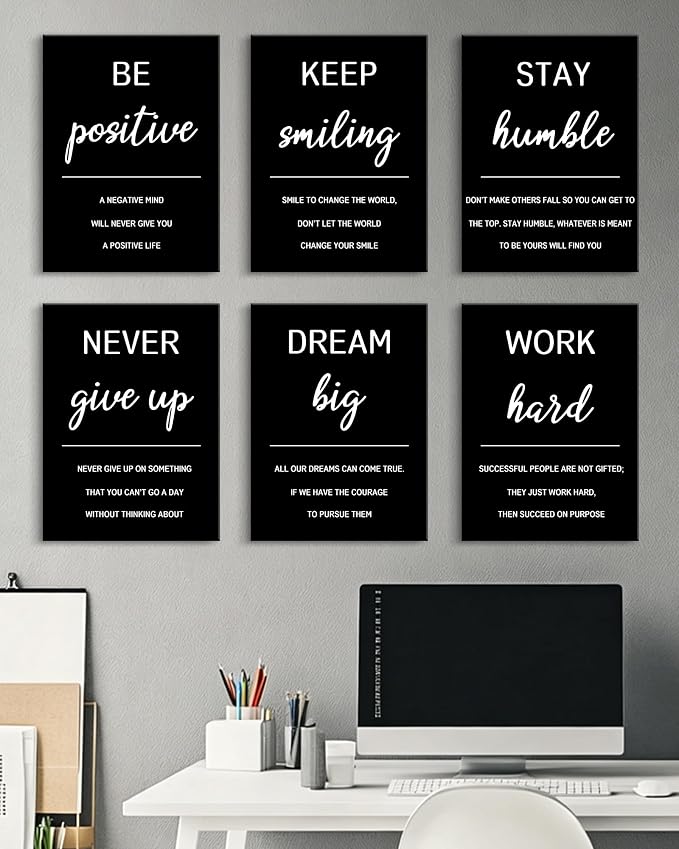 KUVIOKE Inspirational Framed Wall Art Motivational Quotes Wall Decor Encouraging Office Posters Positive Affirmations Sayings for Classroom Bedroom Living Room Ready to Hang Set of 6, 12x16in (Framed)