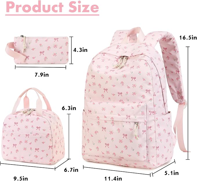 Bluboon Teen Girls School Backpack Kids Bookbag Set with Lunch Box Pencil Case Travel Laptop Backpack Casual Daypacks (Pink bow tie)