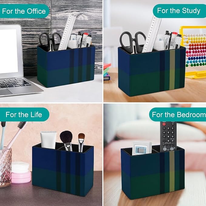 Tartan PU Leather Pen Holder Desk Organizer, 2-Compartment Pencil Container for Office, Home, Vanity Use