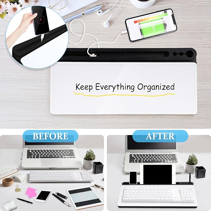 DOLLAR BOSS Glass Desk Whiteboard Small Dry Erase Board Desktop White Board with Storage Drawer Computer Keyboard Stand Desk Organizer School Supplies Office Accessories with 4 Markers 1 Eraser, White