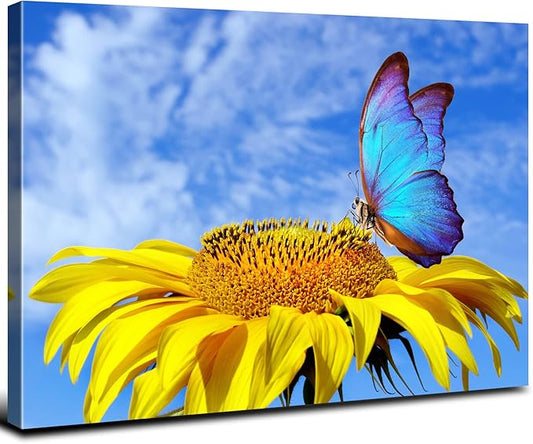 Sunflower Wall Art Bathroom Decor Blue Butterfly Canvas Pictures for Bedroom Sunflower Wall Decor Floral Posters Living Room Kitchen Home Decoration Yellow Sunshine Flower Painting Modern Artwork 20x30"