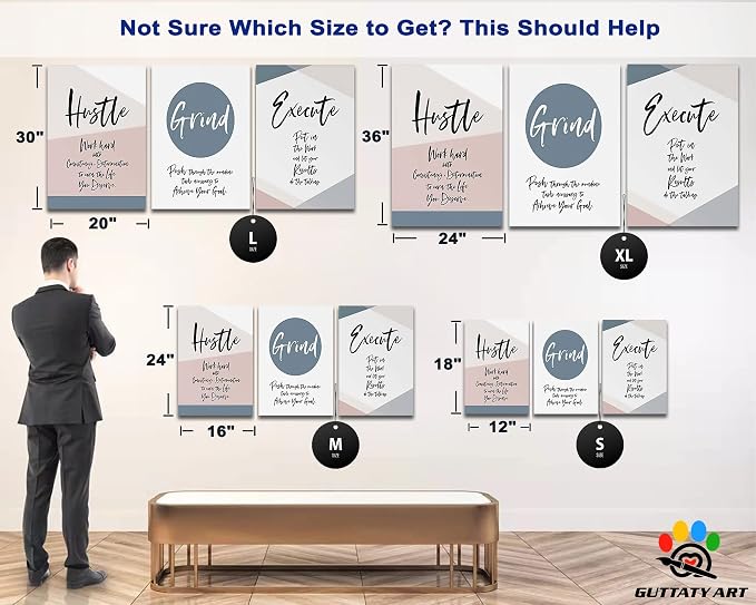 Office Wall Art - 3 Panel Motivational Wall Art, Inspirational Quotes Canvas Art for Home Office Wall Decor, Positive Quotes Wall Decor, Entrepreneur Grind Hustle Execution Poster Frame (12”x24”x3Pcs)