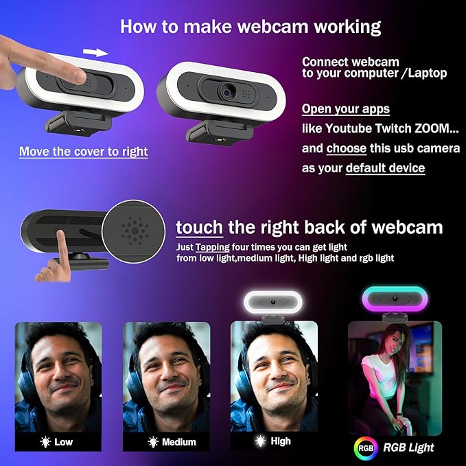 2K Webcam for PC with Microphone/Ring Light,USB C Computer Camera | Webcam with RGB/White Light/Cover,Autofocus,65°FOV, PC Web Camera for Desktop Computer Video Meeting/Gaming Streaming