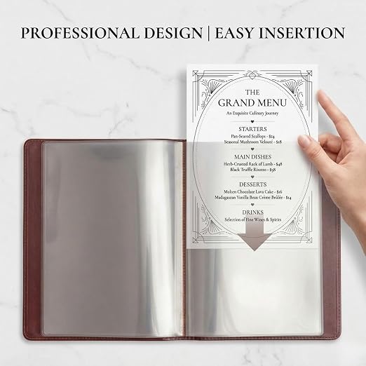 2-Pack Mahogany Red Vegan Leather Menu Cover with Embossed MENU Design 8.5x11 4 Page 8 View Clear Sleeves Restaurant Menu Holder Presentation Folder Portfolio Binder Sheet Music Professional