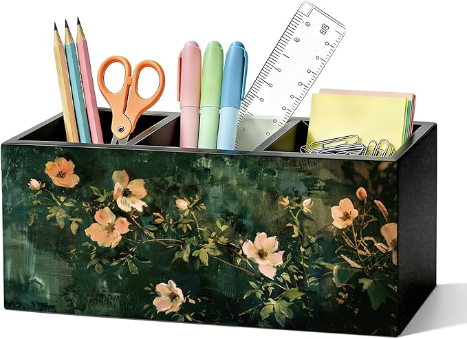 Dark Green Floral Pen Pencil Holder for Desk, Moody Cottagecore Botanical Flower Wooden Box Sign Organizer for Home Room Office Bedroom Desk Accessories Tabletop Decorations