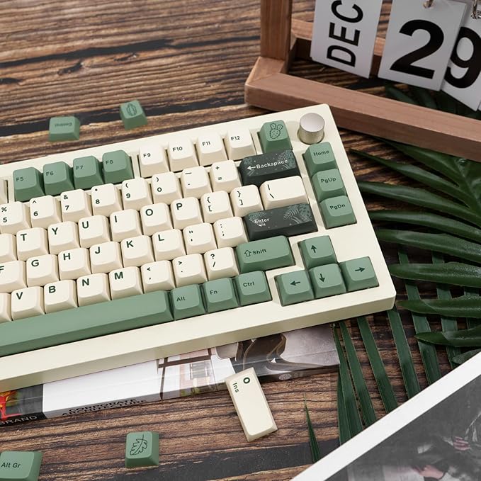 130 Keys Green PBT Keycaps, MDA Profile Dye Sub Custom Keycap, English ANSI Layout Beige Green Keycaps Botanical Key Caps for Cherry MX Mechanical Keyboard