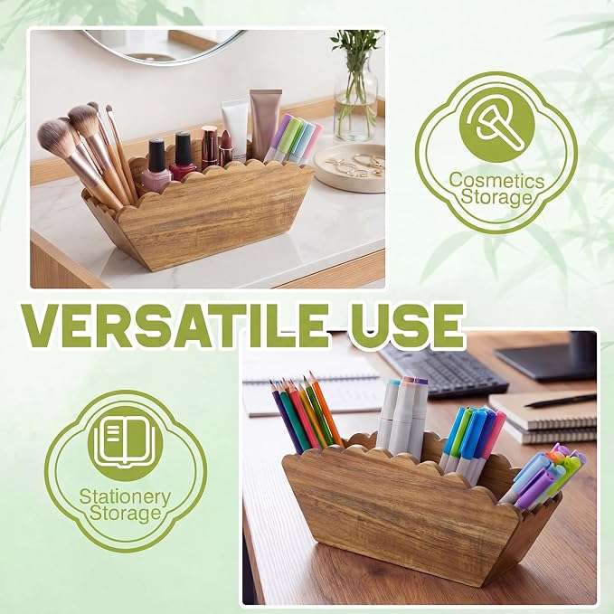 Jetec Scalloped Acacia Wooden Pencil Holder, Wooden Desk Organizer with 4 Compartment for Pens, Markers, Makeup Brushes, Remote Controls, Silverware, Decorative Cute Desktop Organizer for Office Home