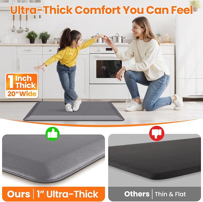 Kitchen Mats for Floor, 1 Inch Extra-Thick Kitchen Rugs, Non-Slip & Waterproof Standing Desk Mat, Comfort Anti Fatigue Mats for Kitchen Floor, Home, Sink, Office (20" X 39", Grey)