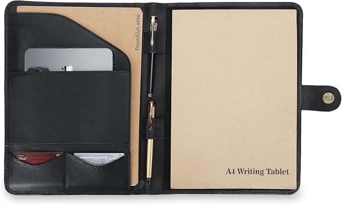 Leather Padfolio Legal Pad Portfolio Organizer | Handmade Executive Notebook Binder | Heavy Duty Full Grain Cow Hide Resume Interview Folio for Men Women, Rustic NoteBook Folder (Black)