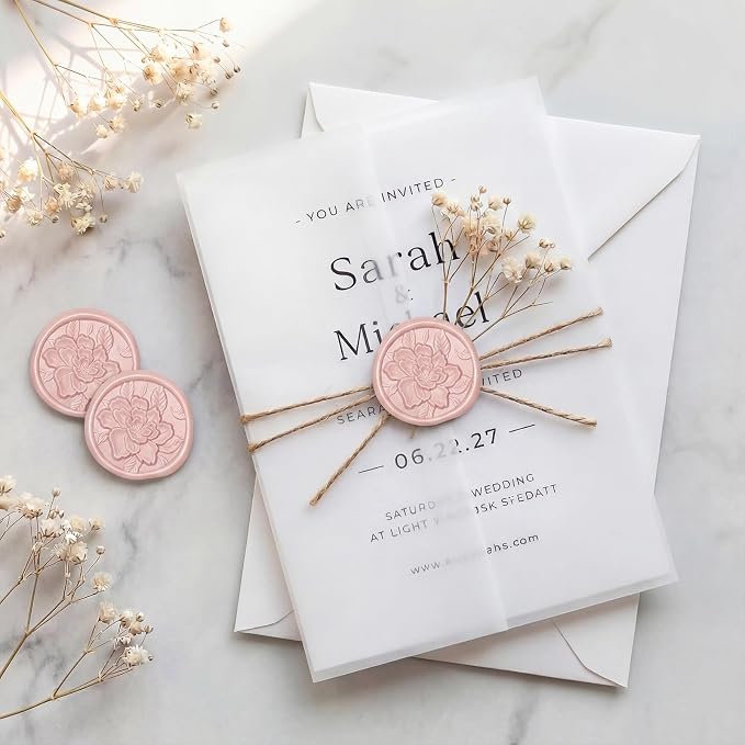 UNIQOOO Wax Seal Stickers - 3D Vintage Floral Wedding Invitation Envelope Botanical Seal Stickers, 50 Pcs Self- Adhesive Blush Pink Flower Stickers, Perfect for Invitation, Gift Wrapping, Party