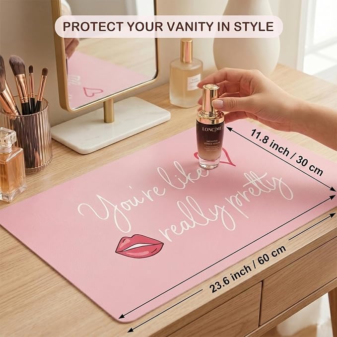 DOUDIZHU Makeup Mat for Vanity, Dual-Sided Vanity Top Protector Mat Waterproof Dressing Desk Makeup Table Cover Mat You're Like Really Pretty (Baby Pink/Silver, 23.6"x11.8")