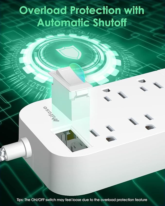 Extension Cord 10 FT, Mifaso Long Flat Plug Power Strip, 6 Outlets 3 USB A Ports Outlet Extender, Wall Mount, Desktop Charging Station for Home, Office and Dorm Essential