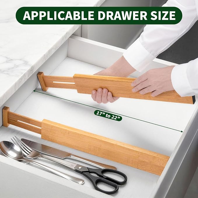 CMOOD 6 PCS Bamboo Drawer Dividers, Kitchen Drawer Dividers, 17"-22" Expandable Adjustable Bamboo Drawer Dividers Organizers for Kitchen, Clothes, Dresser, Bedroom, Home, Office, Spring Loaded