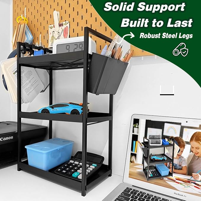 Desk Shelf Organizer, 3 Tier Office Desktop Storage Rack, Multifunctional Paper and Letter Tray Holder, Small Tabletop Shelf or Dresser for Books, Plants & Accessories,Display Shelf for Office, Home