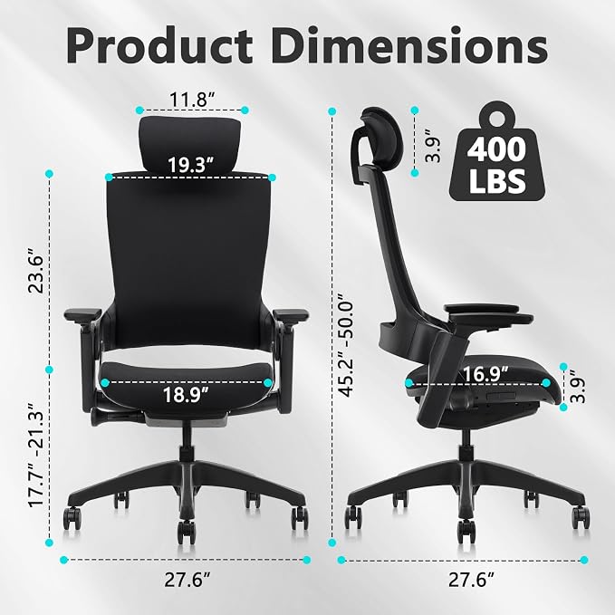 CLATINA Ergonomic High Swivel Executive Chair with Adjustable Height Head 3D Arm Rest Lumbar Support and Upholstered Back for Home Office Black