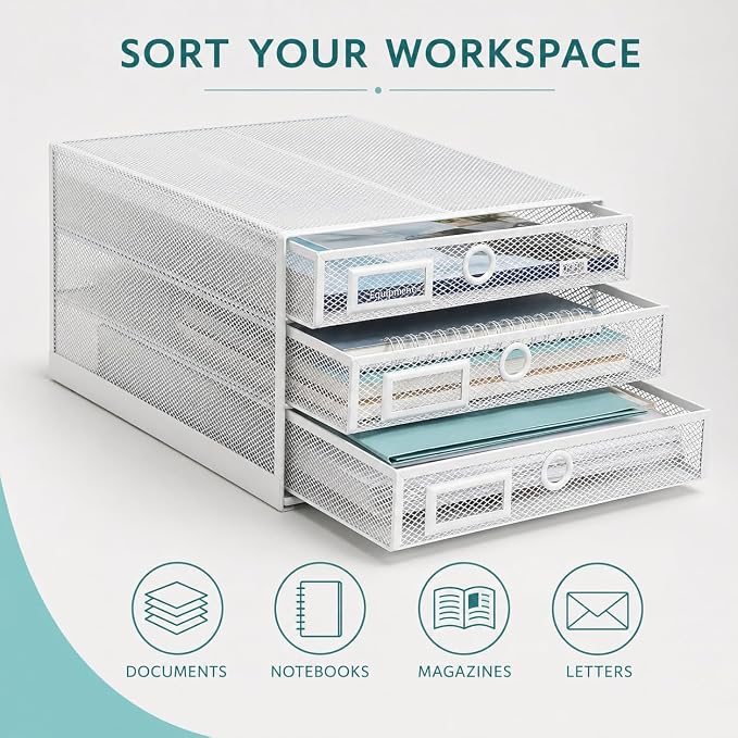 Exerz Paper Sorter 3 Drawer Wire Mesh A4 / Desk Multifunctional Desk Organiser/Multi-Layer Letter Tray - for Documents, Magazines, Notebooks and Letter (White) | Desk Organiser Pull Out Trays Keep Files Letters Magazines Folders Notebooks Neatly Separa...