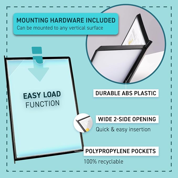 Tarifold Wall Mount Reference System for Letter Size Documents, 10 Double-Sided Pockets, 20 Sheet Capacity, Expandable, Easy Load Design, Durable Polypropylene, Made in Denmark, Black