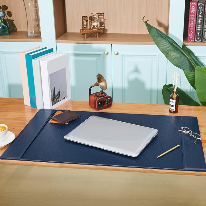 Leather Desk Pad Protector with Side Rails, Executive Office Desk Mat for Home Workspace, Writing Surface, Mouse & Keyboard Pad, Elegant Gift for Men Dad Husband(Blue,30 x 18 Inch)