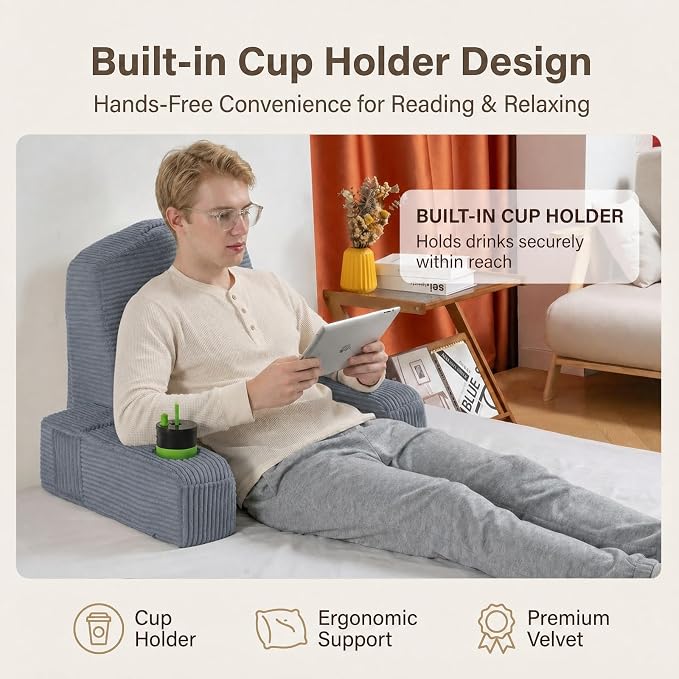 Reading Pillow for Adults, Back Pillow for Bed Sitting Up, Backrest Pillow for Sitting in Bed, Detachable Arms with Built-in Cup & Phone Caddy (Dark Gray-Corduroy, 21 INCH)