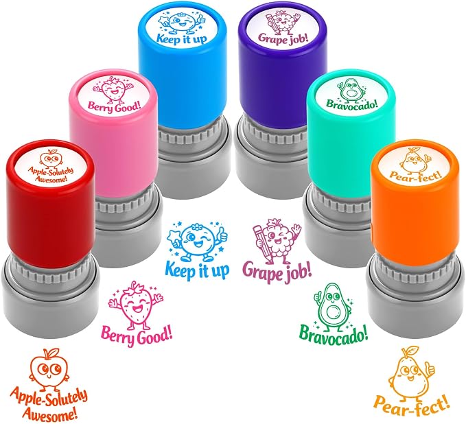 6Pcs Fruit Teacher Stamps for Classroom, New Teacher Appreciation Gifts, Self Inking Grading Stamps Set, Motivational Student Reward Stamps, Classroom Essentials for Elementary