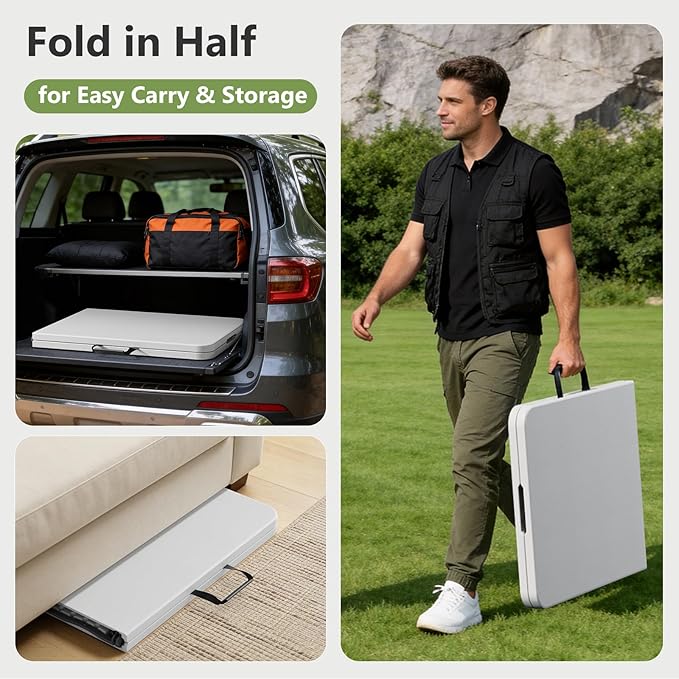 Folding Table, 5 FT Foldable Plastic Table with Carrying Handle, Heavy Duty Portable Fold-in-Half Utility Table for Party, Camping, Banquet, Craft, Wedding, Indoor & Outdoor Use
