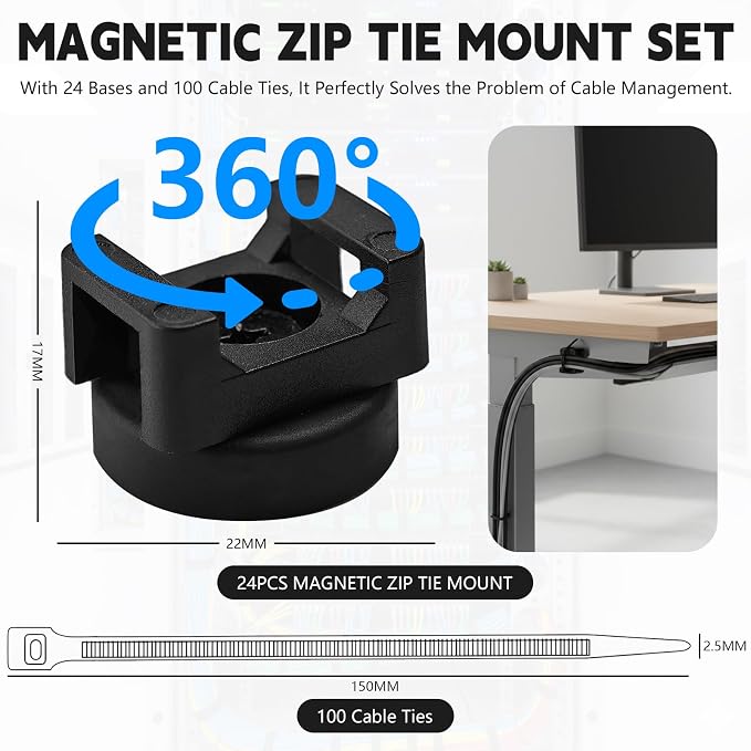 24pcs 22mm Magnetic Zip Tie Mount, Multi-Functional Cable Holder, Suitable for Industrial Cable Management and Home Cable Organizing. 24 Mounts and 100 Nylon Cable Ties