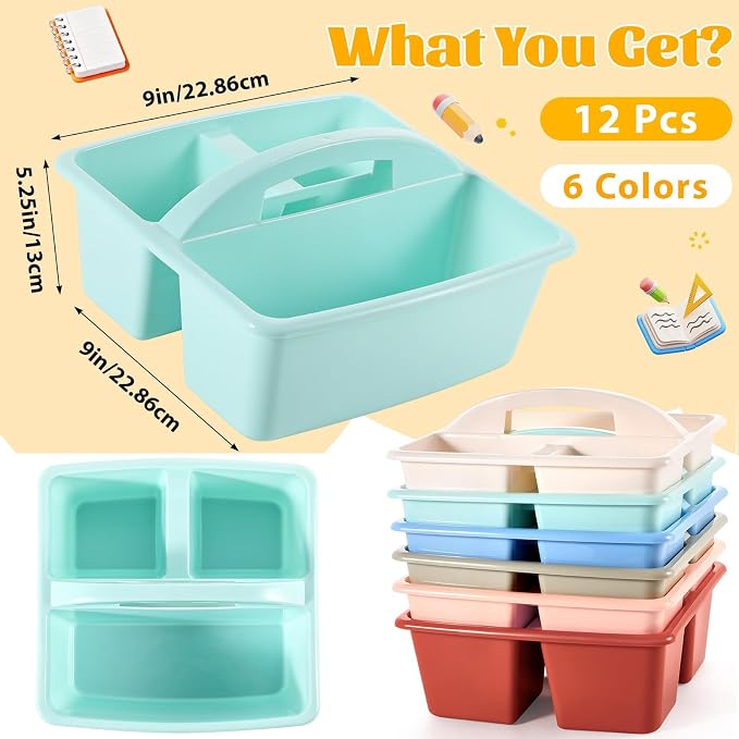 gisgfim 12 Pack Classroom Caddy with Handle Plastic Storage Caddy Organizer with 3 Compartments Desk Caddies Holder Portable Storage Bin for Pencil, Crayon, Marker, Home, Office, School Supply(Retro)