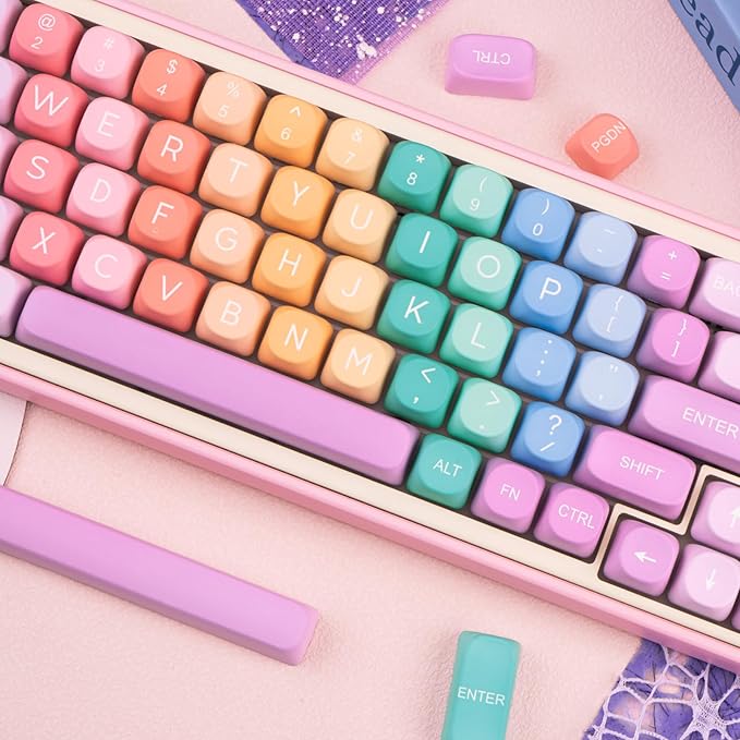 Cute PBT Keycaps 126 Keys MOA Profile Custom Keycaps Dye Sublimation Rainbow Candy Colorful Key Caps Set for Cherry Gateron MX Switches Mechanical Keyboards