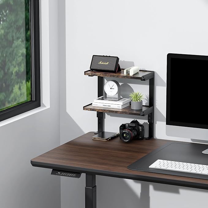Spacrea clamp on Desk Shelf, 2 Tier Office Desk Shelves Organizer, Wood Desktop Supplies Storage Rack, Desk Organizers and Accessories (Wood)