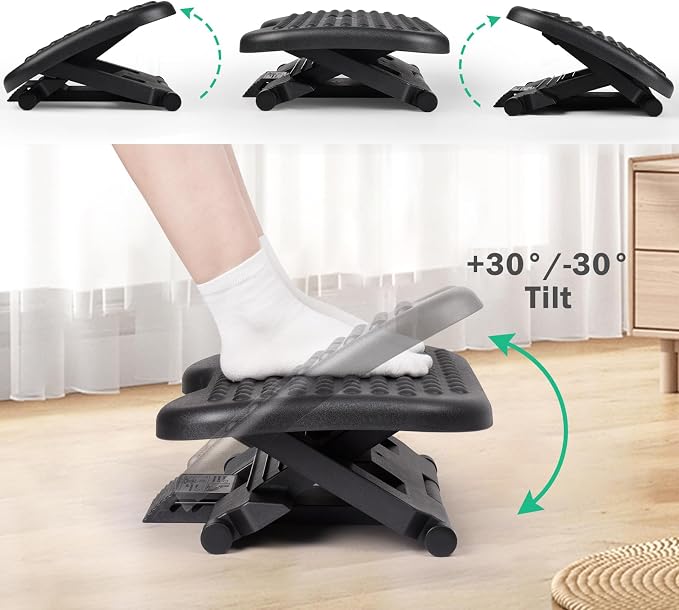 Auslar Foot Rest Under Desk at Work, Ergonomic Desk Footrest with Massage | Adjustable Foot Stool with 3 Height Position and 30-Degree Tilt Angle Adjustment, Foot and Leg Rest for Home Office, Black