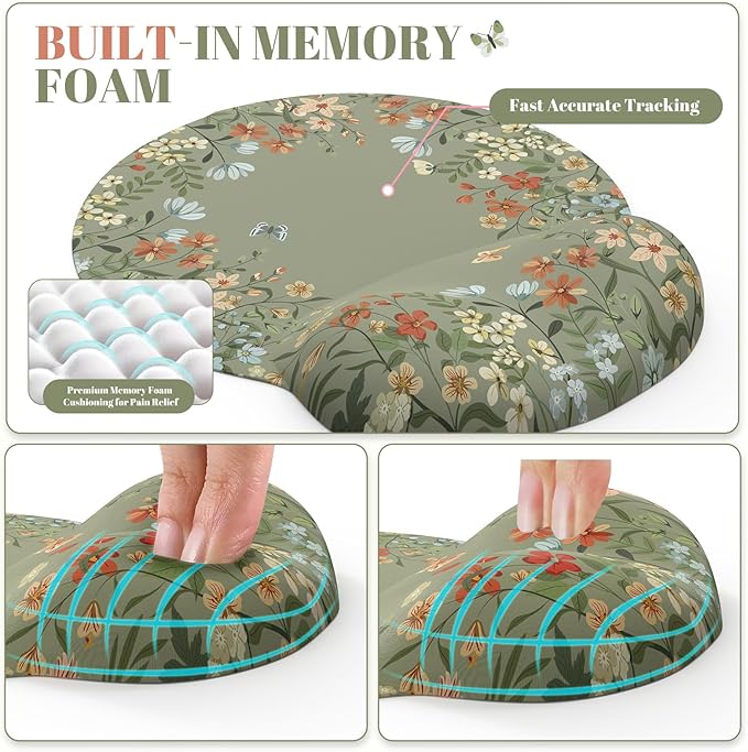 iCasso Desk Mat Set,Large Mouse Pad with Wrist Rest, Back to School Ergonomic Keyboard Wrist Support for Women, Floral Computer Mat with Scalloped Edges,Non-Slip Desk Pad Home Office Gaming (Green)