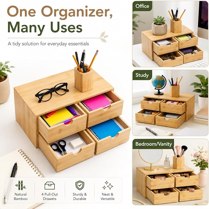 Bamboo Desk Organizer, 4-Drawer Wooden Desk Organizer with Full Pull-out Drawers, No Assembly Bamboo Storage Drawer for Office Supplies Cosmetics